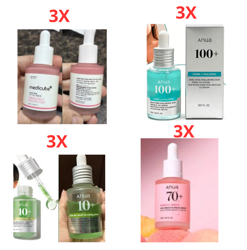 3x Medicube Pink Peptide Serum | 3x Anua PDRN 100 Serum | 3x Anua Azelaic Acid 10 Serum | 3x Anua Peach 70 Serum