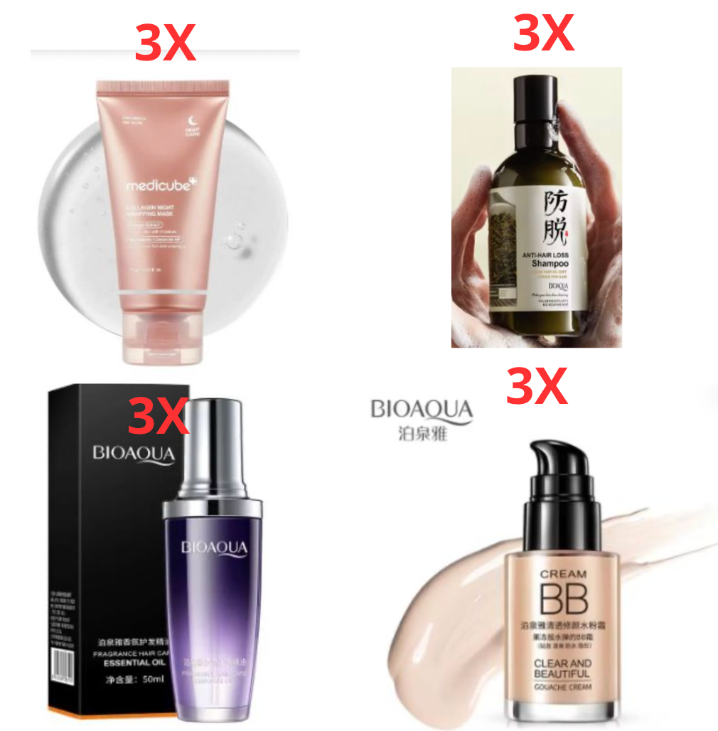 3x Medicube Collagen Wrapping Mask | 3x BioAqua Anti-Hair Loss Shampoo | 3x BioAqua Hair Essential Oil | 3x BioAqua BB Cream